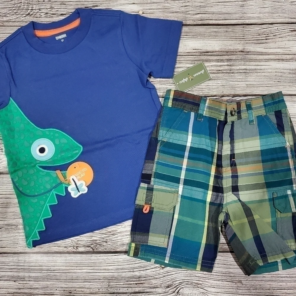 Lizard T-Shirt, Toucan Tank Top, and Plaid Shorts Outfit Gymboree NWT